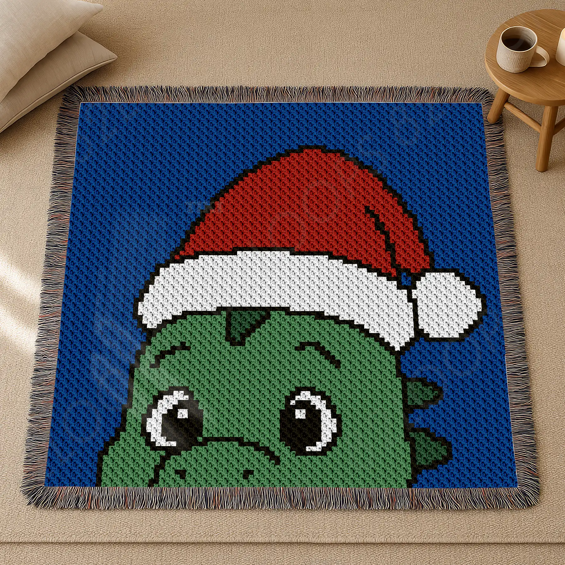 dragon santa hat blanket c2c 04 Grid Size: 90 x 90 C2C Blocks, and the pattern includes three yarn weight options calculations: Approx. 74 à 74 inches (190 à 190 cm) - Aran Weight Yarn (10 ply) Approx. 53 à 53 inches (135 à 135 cm) - DK weight yarn (8 ply) Approx. 47 à 47 inches (120 à 120 cm) - Sport weight yarn (5 ply) Product Information Craft a festive and adorable keepsake pattern with this chibi-style baby dragon corner-to-corner crochet blanket. The design features a sweet green dragon peeking up from the bottom of the blanket, topped with a classic red-and-white Santa hat that adds a joyful holiday touch. The deep blue background makes the bright colors pop, giving the whole piece a warm, storybook feel perfect for the Christmas season. Pattern works beautifully as a nursery throw, toddler blanket, or cozy holiday décor piece. Its playful pixel look is ideal for beginners and experienced crocheters who enjoy character-themed projects with seasonal charm. This project uses 6 colors (Navy, Green, White, Red, Black, and Peppermint) and comes with a 30-page PDF that includes full-color charts (1-page and 4-page formats), written row-by-row instructions, and a detailed color block guide.